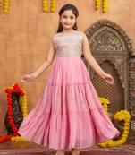 Aarika girls party wear pink colour mirror embroidery georgette gown with bracelet
