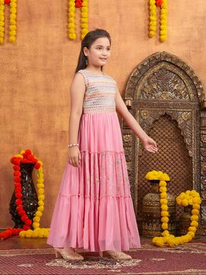 Aarika girls party wear pink colour mirror embroidery georgette gown with bracelet 2