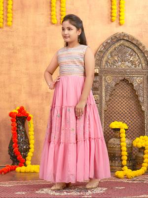 Aarika girls party wear pink colour mirror embroidery georgette gown with bracelet 3