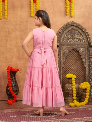 Aarika girls party wear pink colour mirror embroidery georgette gown with bracelet 4
