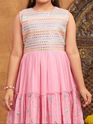 Aarika girls party wear pink colour mirror embroidery georgette gown with bracelet 5
