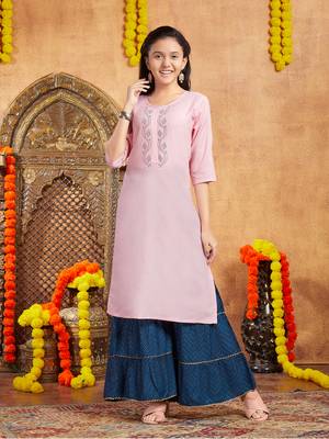 Aarika girls casual wear pink colour embellished cotton kurti 1