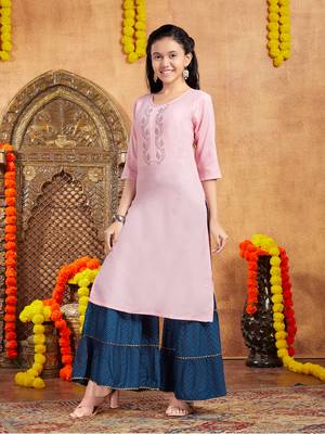 Aarika girls casual wear pink colour embellished cotton kurti 3