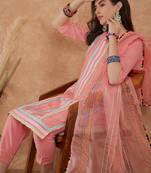 Women's pink colour embroidery cotton kurti set with dupatta