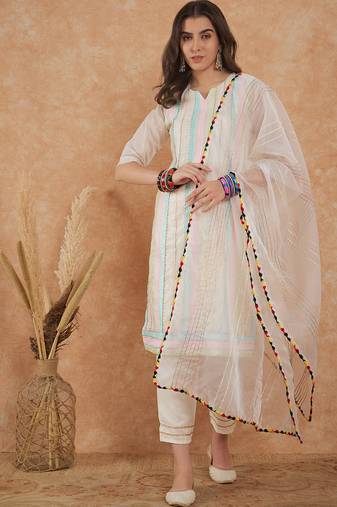 Women's white colour embroidery cotton kurti set with dupatta