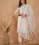Women's white colour embroidery cotton kurti set with dupatta