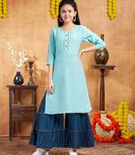 Aarika girls casual wear sea green colour solid lace work cotton kurti