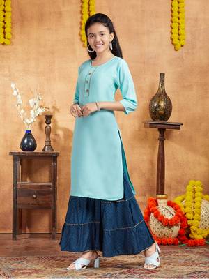 Aarika girls casual wear sea green colour solid lace work cotton kurti 3