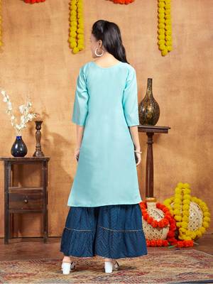 Aarika girls casual wear sea green colour solid lace work cotton kurti 4