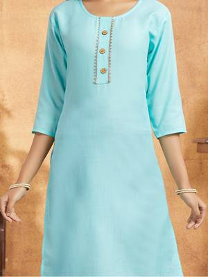 Aarika girls casual wear sea green colour solid lace work cotton kurti 5