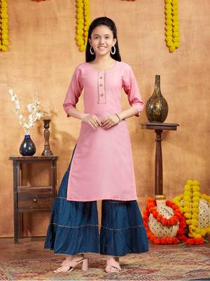 Aarika girls casual wear peach colour solid lace work cotton kurti 1