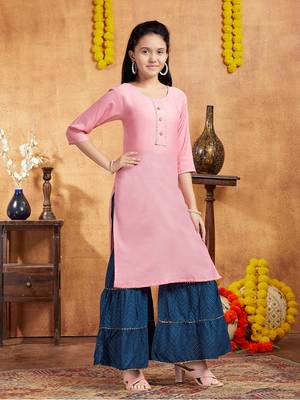Aarika girls casual wear peach colour solid lace work cotton kurti 2