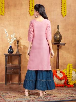 Aarika girls casual wear peach colour solid lace work cotton kurti 4