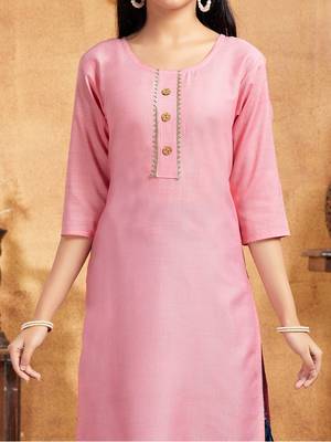 Aarika girls casual wear peach colour solid lace work cotton kurti 5