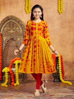 Aarika girls casual wear yellow colour tie dye print rayon kurti 1