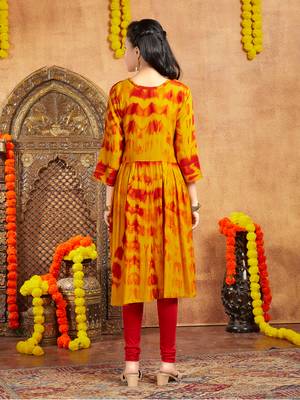 Aarika girls casual wear yellow colour tie dye print rayon kurti 4