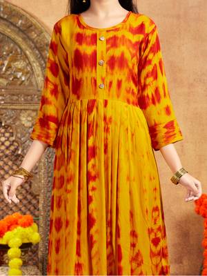 Aarika girls casual wear yellow colour tie dye print rayon kurti 5