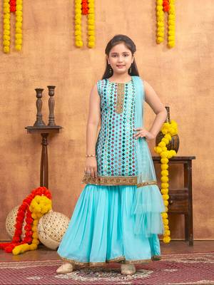 Aarika girls ethnic wear turquoise colour mirror embroidery georgette kurti sharara set 1