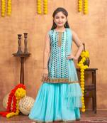 Aarika girls ethnic wear turquoise colour mirror embroidery georgette kurti sharara set