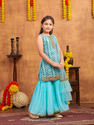 Aarika girls ethnic wear turquoise colour mirror embroidery georgette kurti sharara set 2