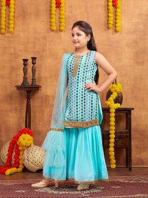 Aarika girls ethnic wear turquoise colour mirror embroidery georgette kurti sharara set 3