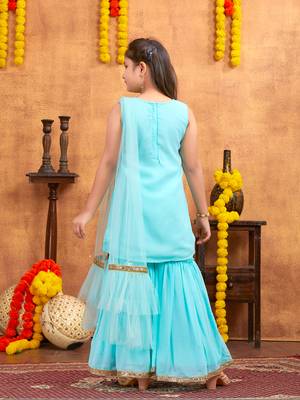 Aarika girls ethnic wear turquoise colour mirror embroidery georgette kurti sharara set 4