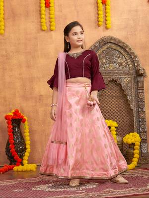 Aarika girls ethnic wear wine colour embellished and embroidery silk lehenga choli set with latkan 1