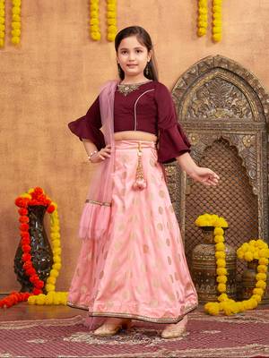 Aarika girls ethnic wear wine colour embellished and embroidery silk lehenga choli set with latkan 3