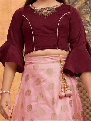 Aarika girls ethnic wear wine colour embellished and embroidery silk lehenga choli set with latkan 5