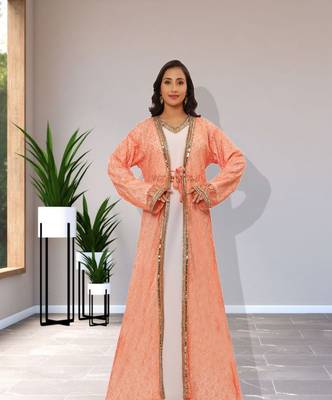 Peach and White Net Sequins Work Kaftan 1