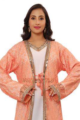 Peach and White Net Sequins Work Kaftan 2