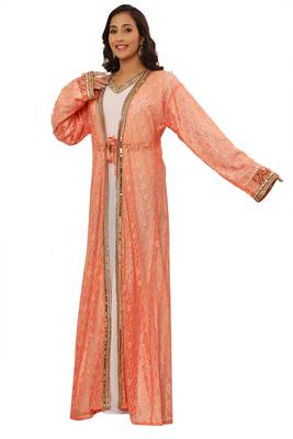 Peach and White Net Sequins Work Kaftan 3