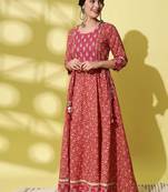 Red Floral Printed With Embroidery Work Cotton Anarkali Kurta