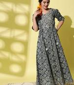 Blue Floral Printed With Embroidery Work Cotton Anarkali Kurta