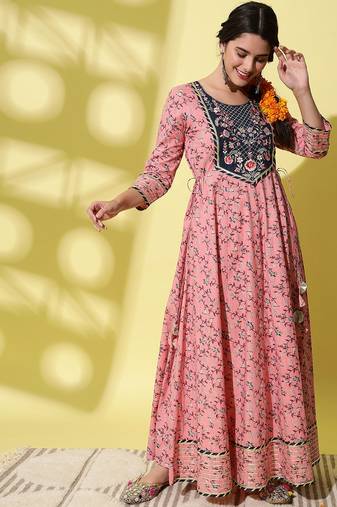 Pink Floral Printed With Embroidery Work Cotton Anarkali Kurta