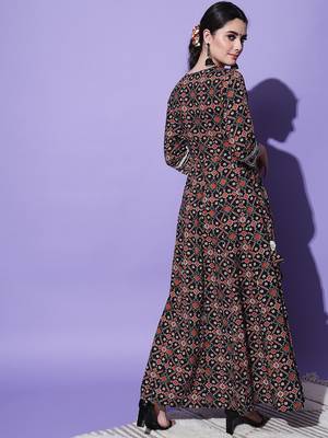 Black Ethnic Motif Printed Work With Mirror Work Cotton Anarkali Kurta 2