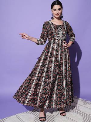 Black Ethnic Motif Printed Work With Mirror Work Cotton Anarkali Kurta 1