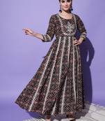 Black Ethnic Motif Printed Work With Mirror Work Cotton Anarkali Kurta