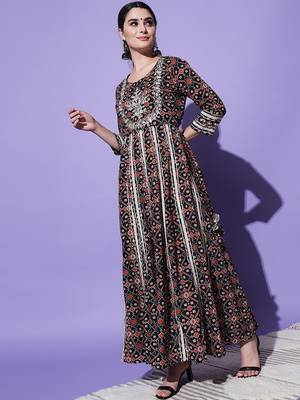 Black Ethnic Motif Printed Work With Mirror Work Cotton Anarkali Kurta 3