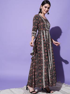 Black Ethnic Motif Printed Work With Mirror Work Cotton Anarkali Kurta 4