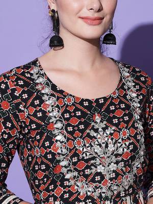 Black Ethnic Motif Printed Work With Mirror Work Cotton Anarkali Kurta 5