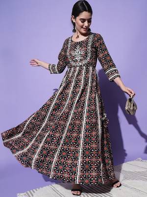 Black Ethnic Motif Printed Work With Mirror Work Cotton Anarkali Kurta 6