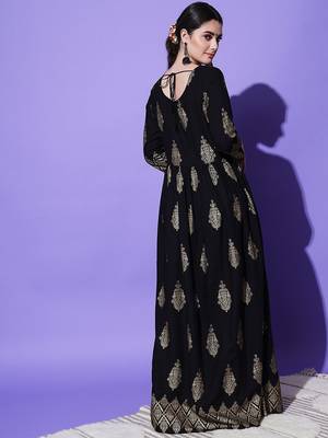 Black Ethnic Motif Printed Work Rayon Anarkali Kurta 2