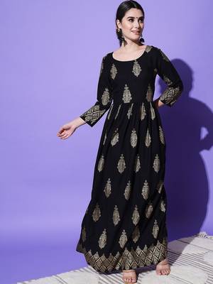 Black Ethnic Motif Printed Work Rayon Anarkali Kurta 1