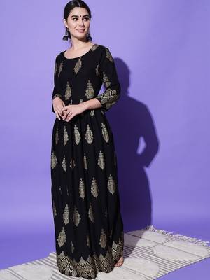 Black Ethnic Motif Printed Work Rayon Anarkali Kurta 3