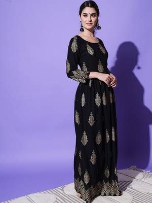Black Ethnic Motif Printed Work Rayon Anarkali Kurta 4