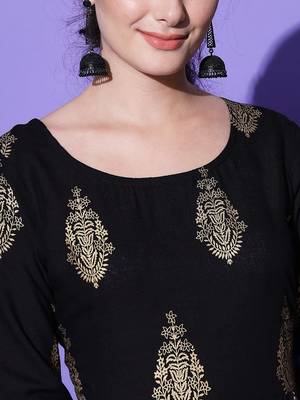 Black Ethnic Motif Printed Work Rayon Anarkali Kurta 5