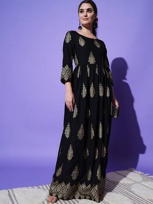 Black Ethnic Motif Printed Work Rayon Anarkali Kurta 6
