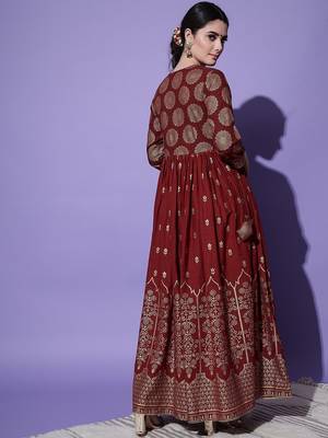 Maroon Ethnic Motif Printed Work Rayon Anarkali Kurta 2