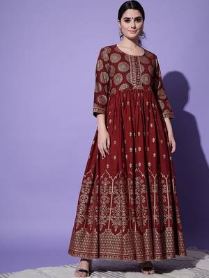 Maroon Ethnic Motif Printed Work Rayon Anarkali Kurta 3